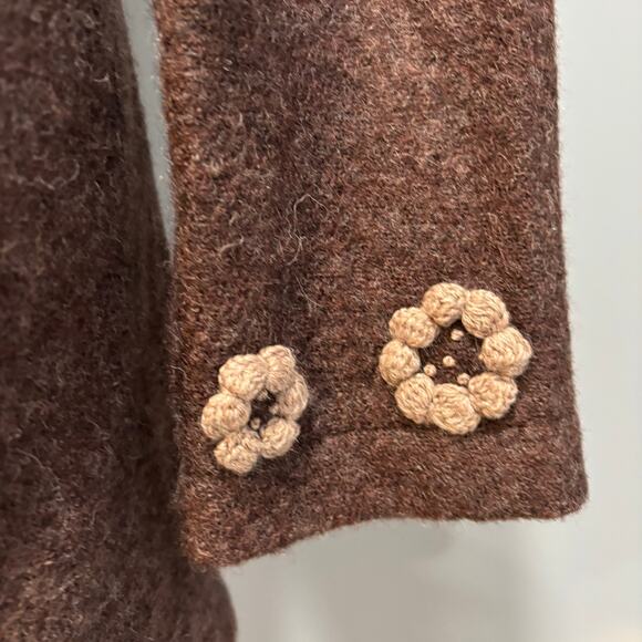 Vintage 90s Y2K Cynthia Rowley floral-trim brown wool tie sweater coat, Size M - Picture 6 of 9